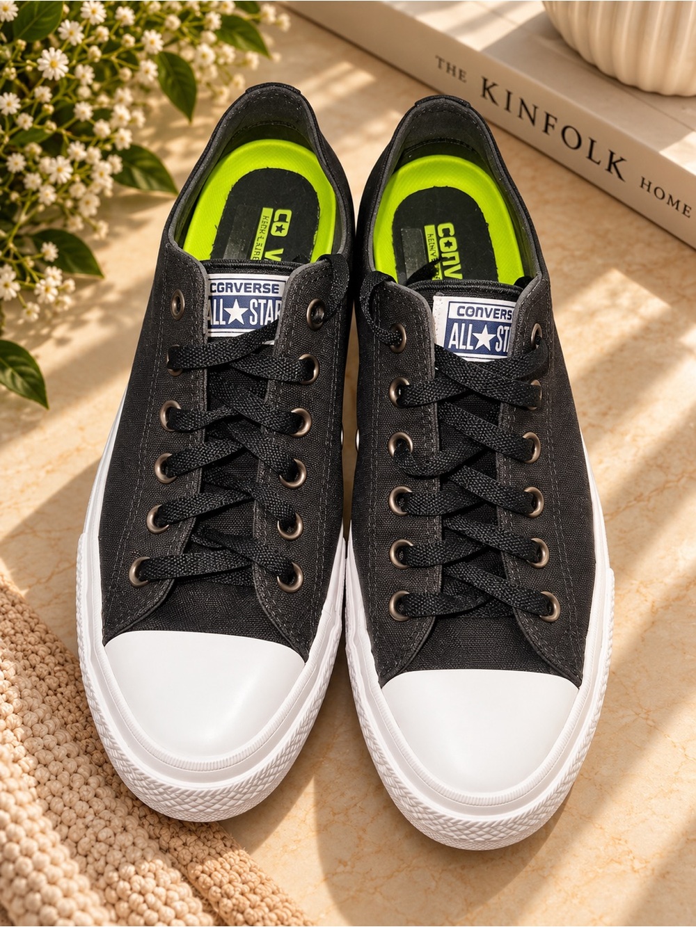 Converse Low Top Sneakers in Black with Neon Green Insoles